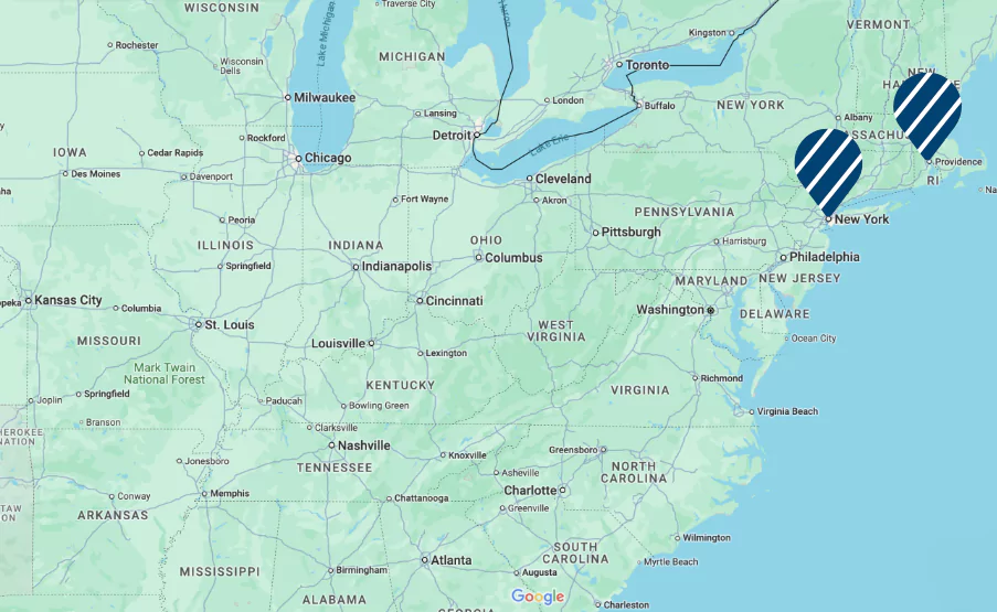A map of Northeast USA with pins indicating BioLine clinical trial sites for sickle cell disease and pancreatic cancer.